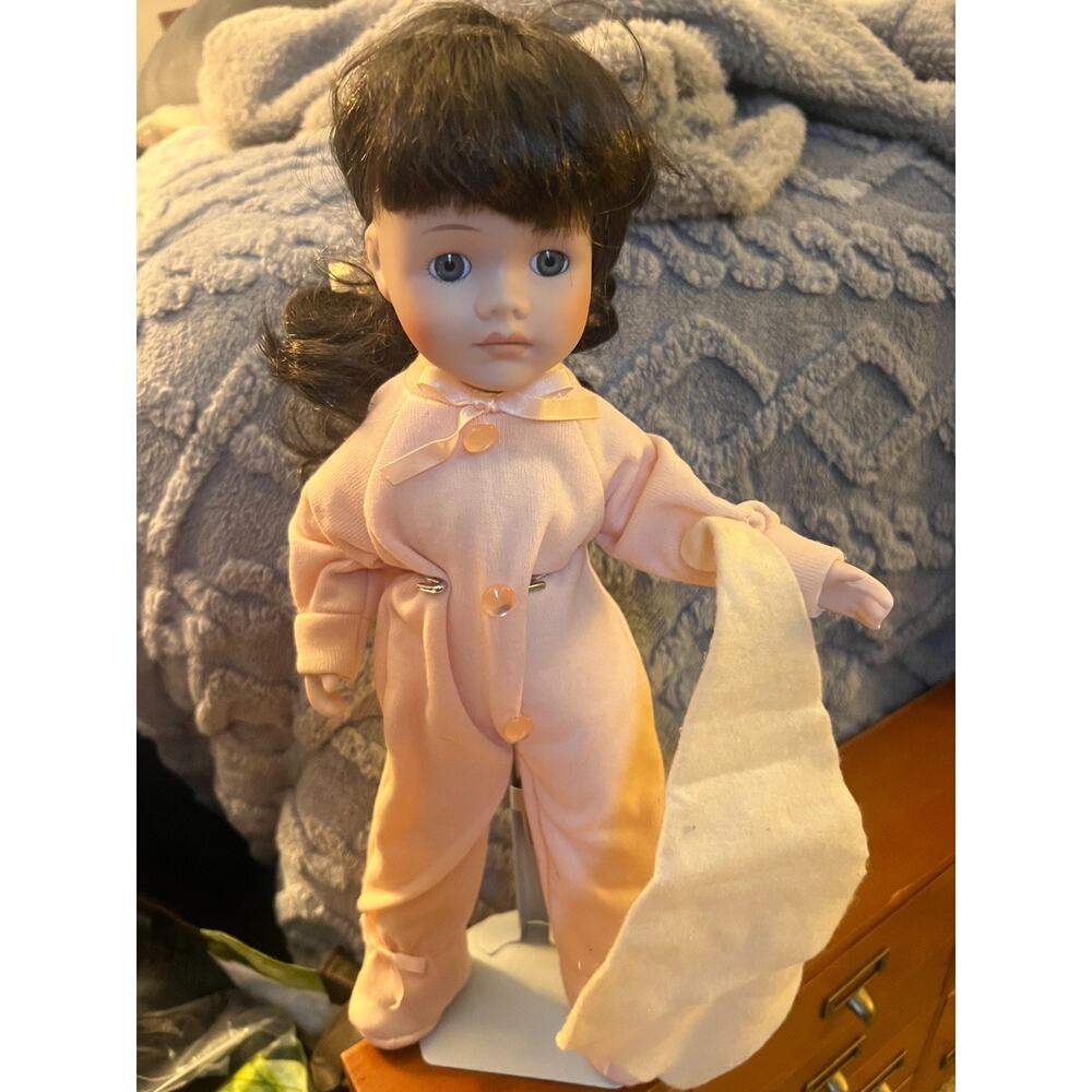 Vintage Porcelain Doll in Pajamas with Blanket from 90's